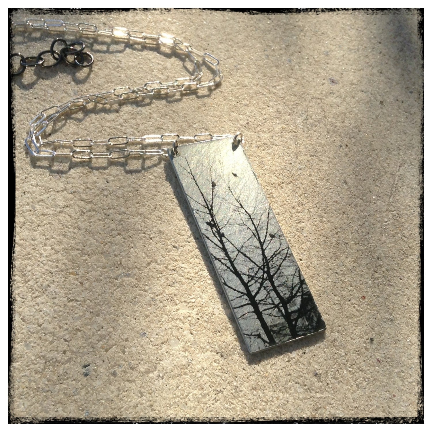 Birds in Trees Aluminum Necklace on Sterling Chain
