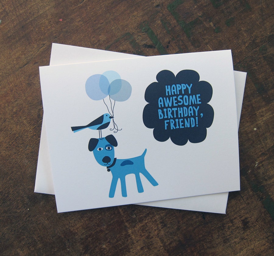 Happy Awesome Birthday Friend, Dog, Bird, Balloons - Kids & Adults Birthday Card