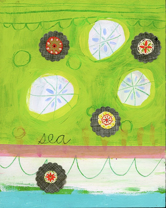 sand dollars & green sea -- NEW Mixed Media Original 7"x10"