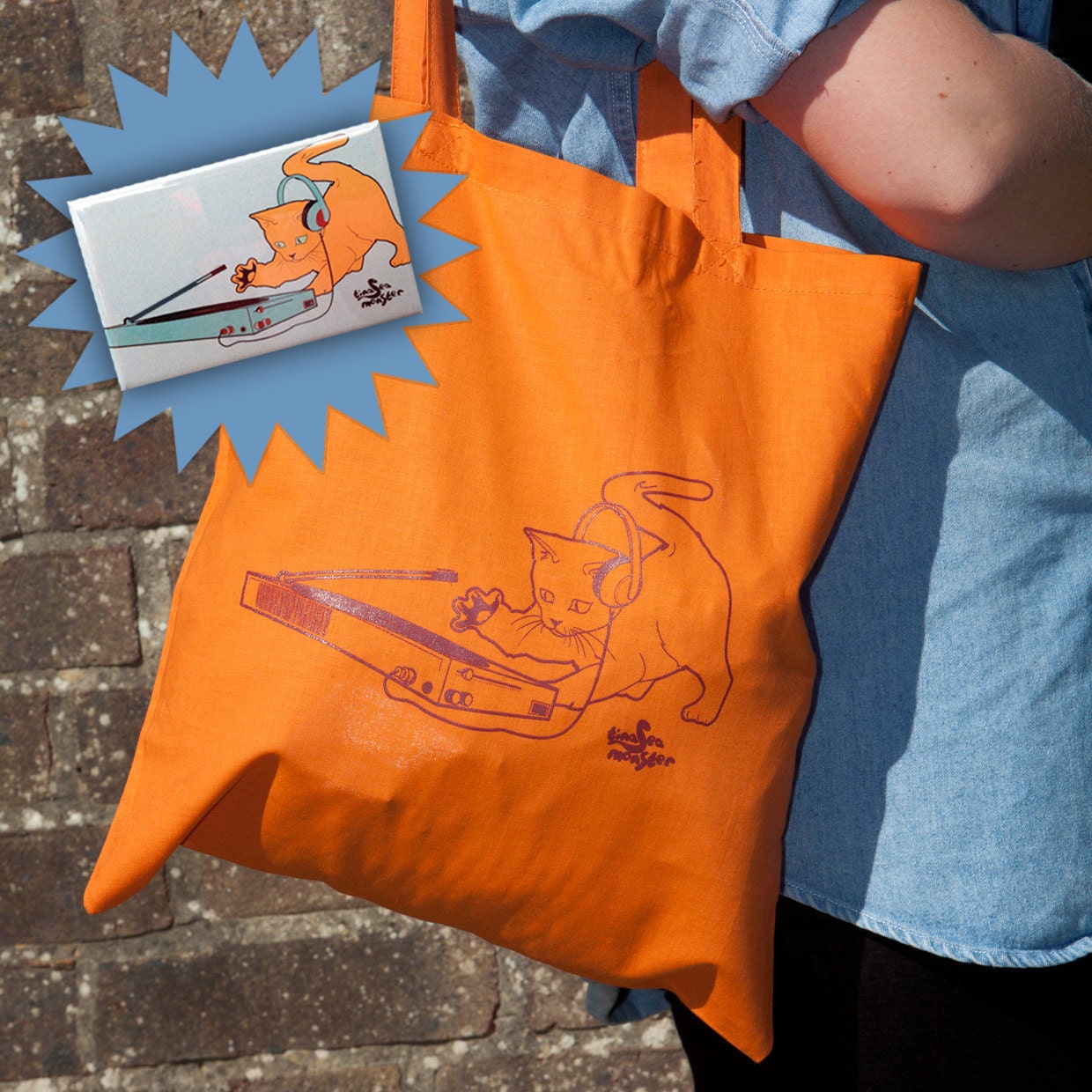 SALE DJ Cat Cotton Tote bag in Orange Also Magnet