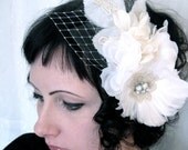 RESERVE for ADifferentView- wedding silk flower fascinator - statement piece - feather roses - antique lace - rhinestone - gatsby wedding