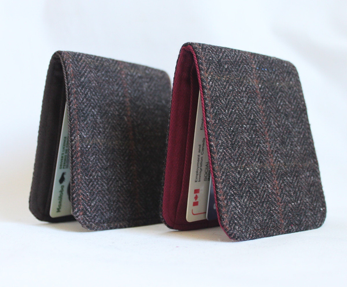 Mens Wool Minimalist Comfort Wallet in Brown Herringbone Wool 5 Pockets