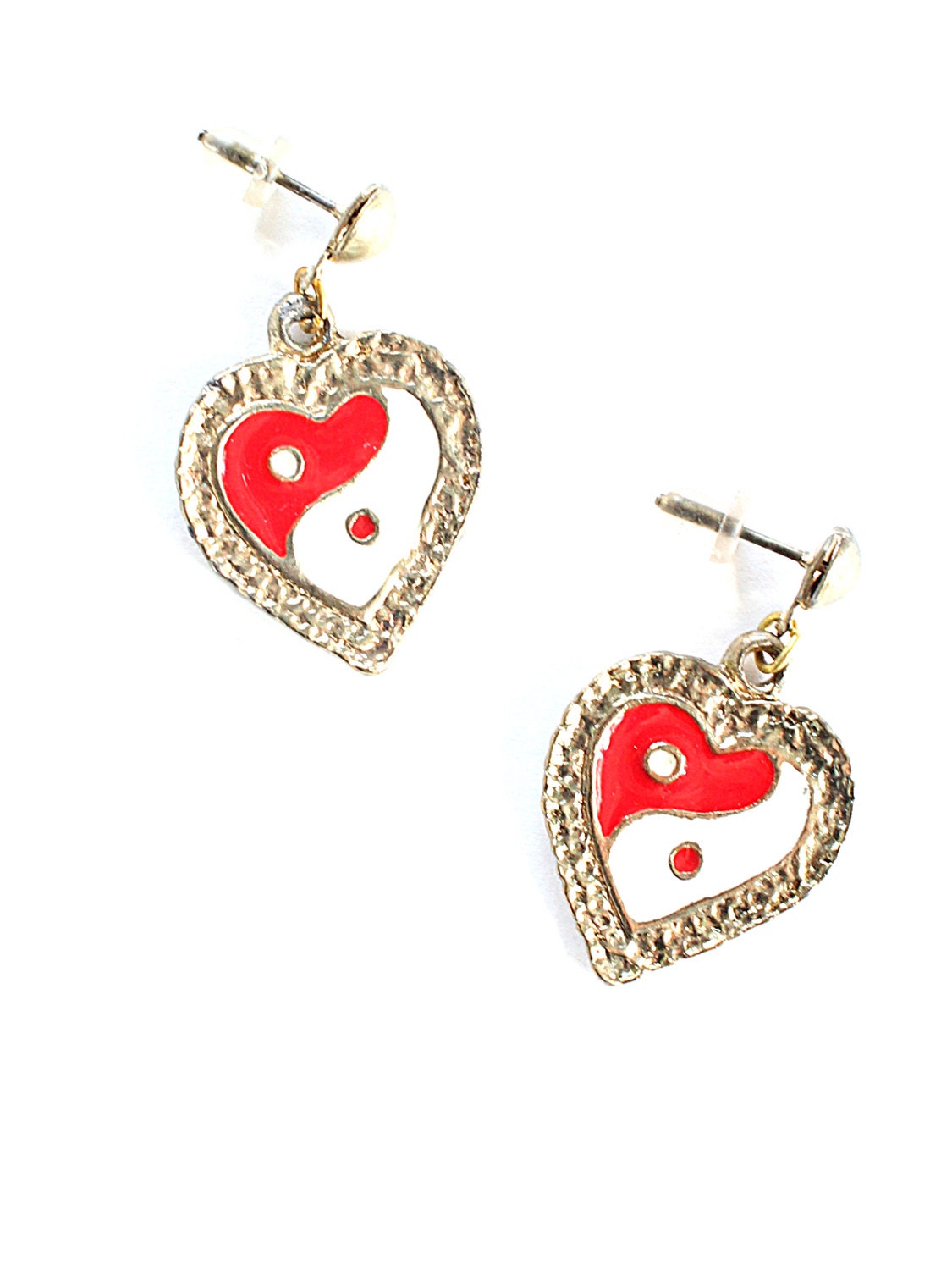 vintage 90s heart yin yang earrings / red white ying yang