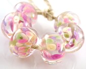 Cherry Blossoms Encased Artisan Lampwork Beads 10mmx15mm - Handmade Lampwork - Pink, Purple, Green, Pastels, Encased - SRA (Set of 6 Beads)