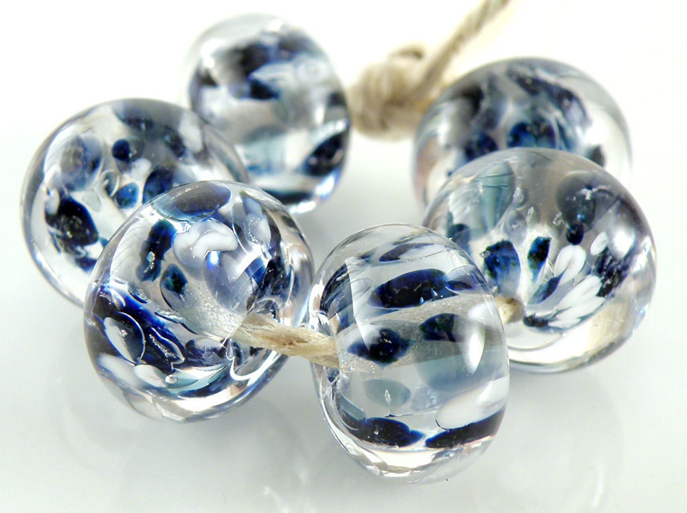 Starry Night Encased Artisan Lampwork Beads 10mmx15mm - Handmade Lampwork Glass Beads - Blue, Sparkle, Encased - SRA (Set of 6 Beads)