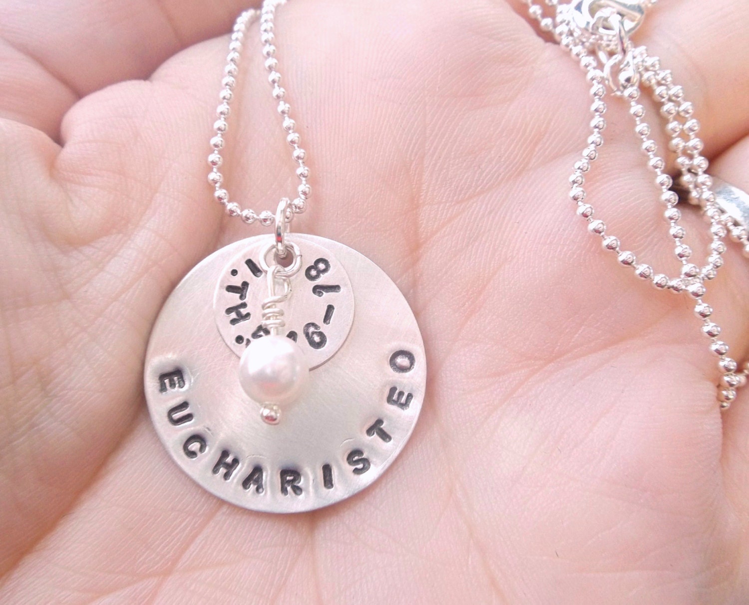 EUCHARISTEO - Personalized Hand Stamped Sterling Silver Necklace with two silver discs and one pearl or crystal