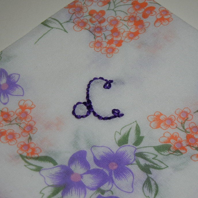 Hand Embroidered Initial Handkerchief - Ladies Letter L - Pink and Purple - Vintage Style Embroidery