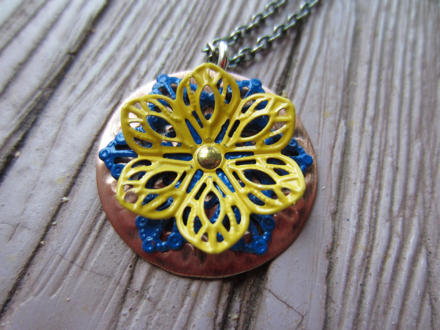 Roses Are Red Violets Are Blue Hand Stamped And Riveted Flower Necklace