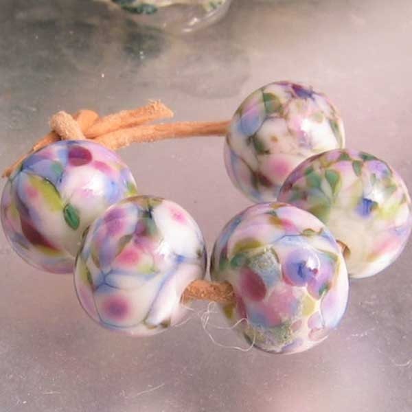 Impressionist Painting 5 Lampwork Spacer Handmade Glass Beads Pink Blue Green Pastel
