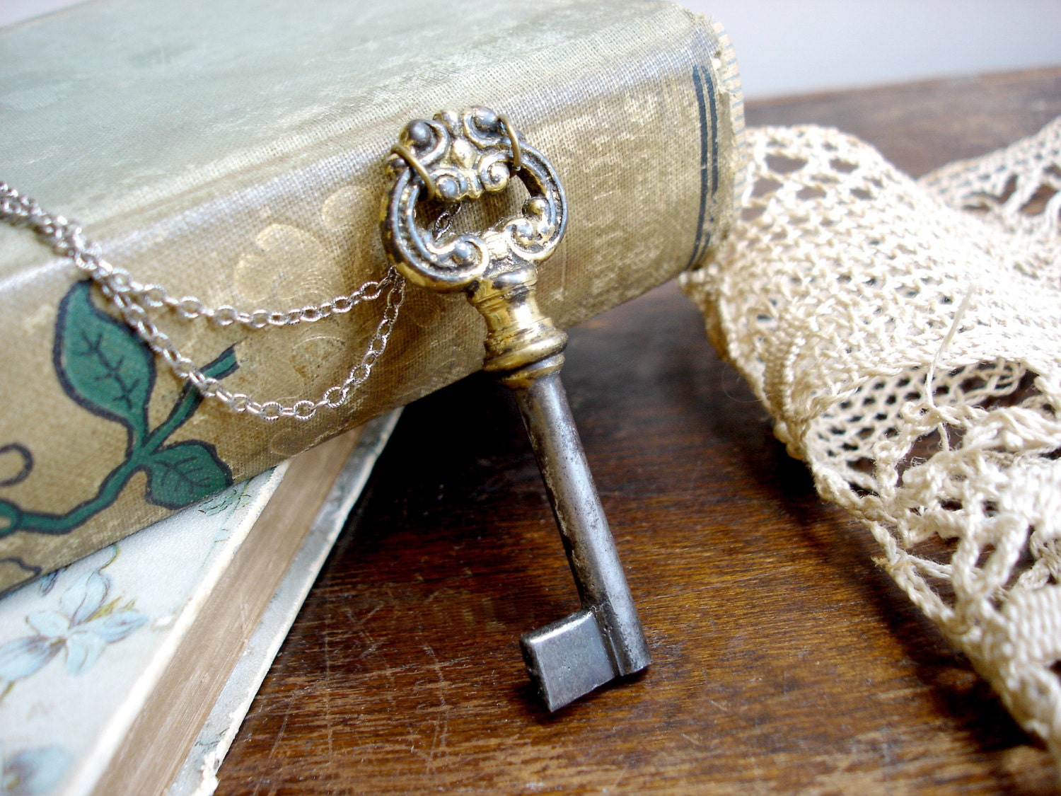 Small Antique Key Necklace - Ornate Little German Key - Gold Plated with Marking