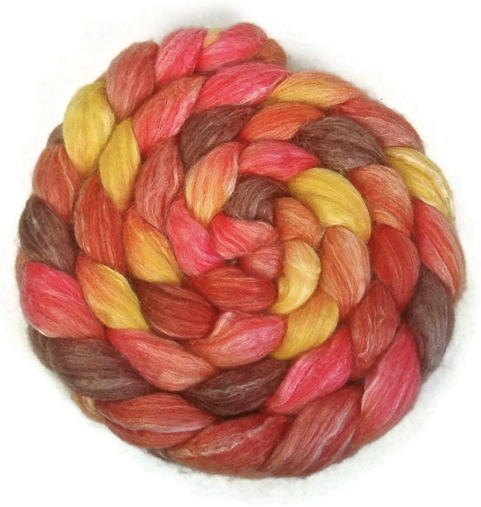 Handpainted Merino Bamboo Silk Roving - 4 oz. TIGER LILY - Spinning Fiber