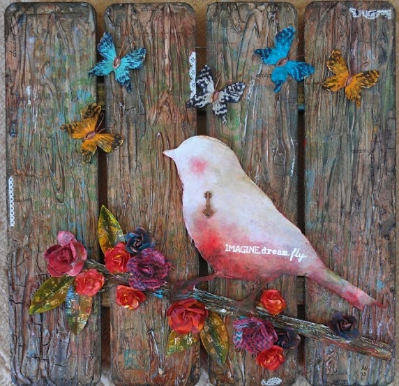 The Key To Dreams Original Mixed Media Artwork Original Bird Wall Hanging Dimensional Artwork