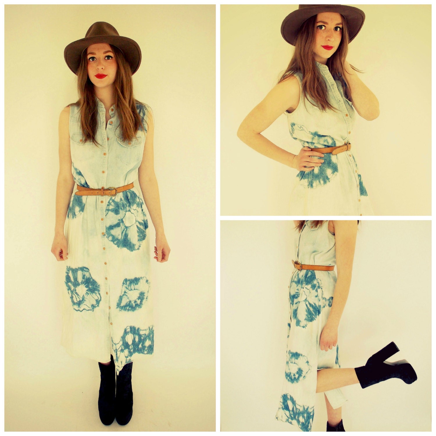 Hand Bleached Tie Dye Denim Maxi Dress S/M