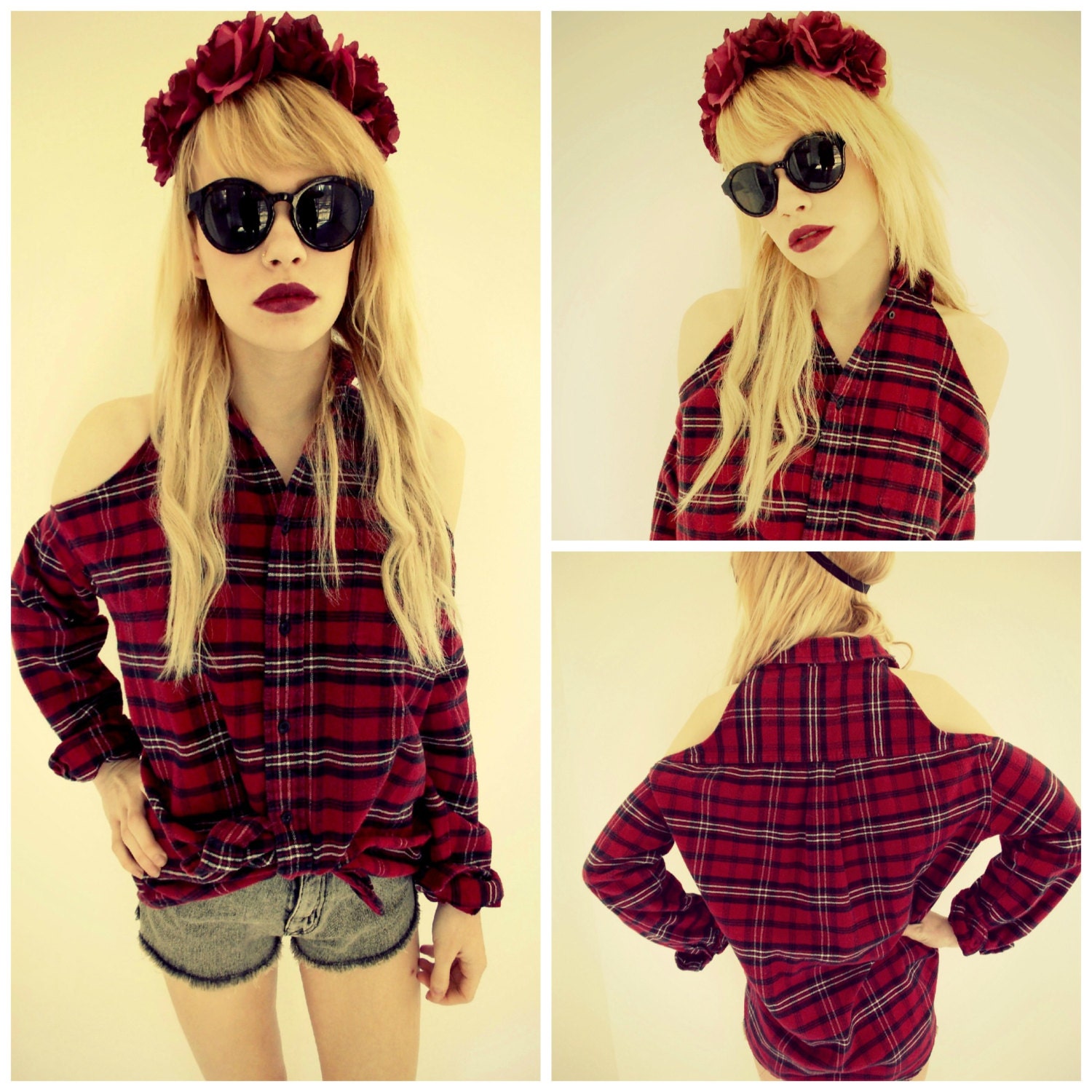Reconstructed Flannel Cut Out Shoulder Top S/M