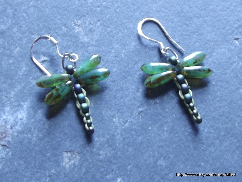 Beaded Green Dragonfly Earrings