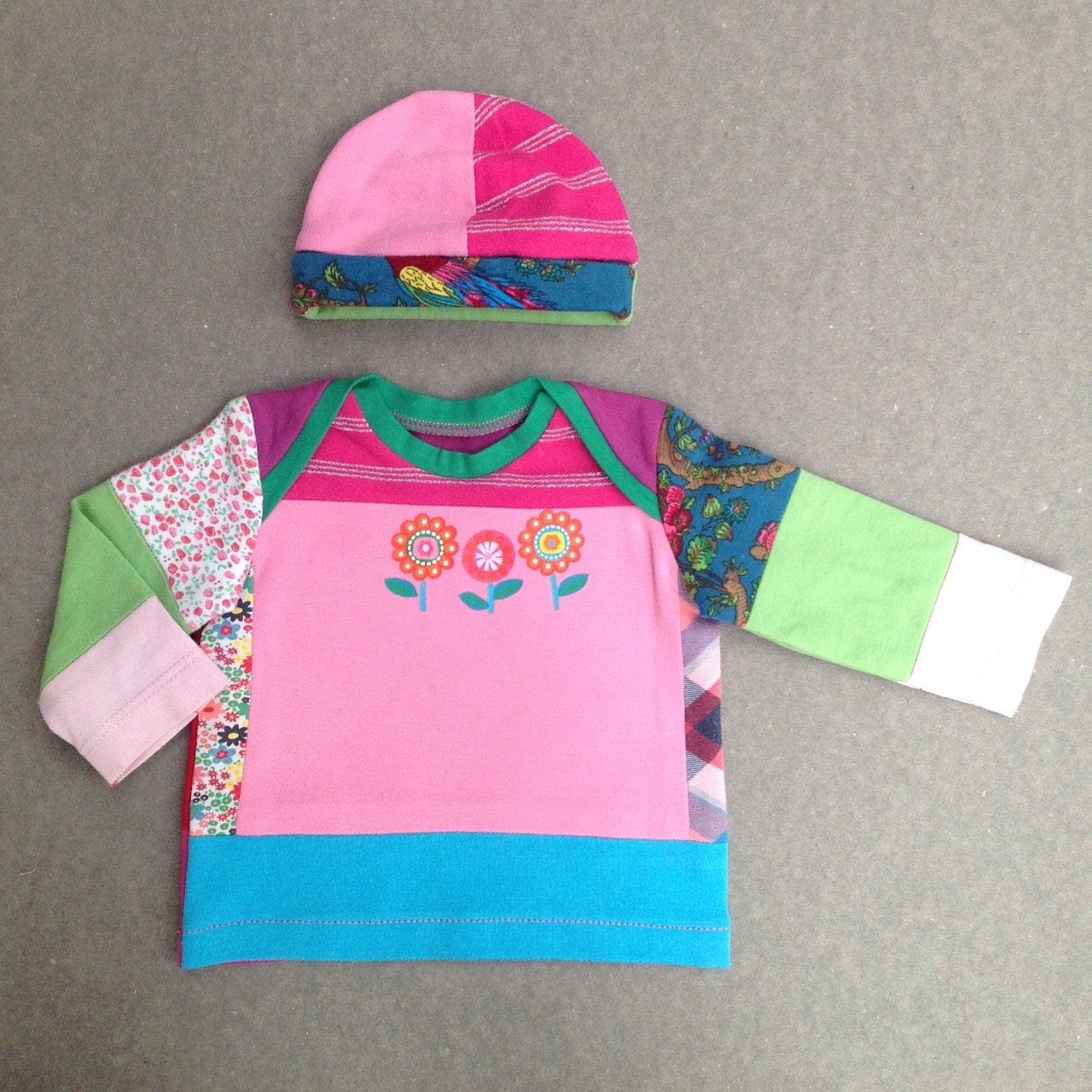 Upcycled baby girls T-shirt and hat set size 0 up to 2 months