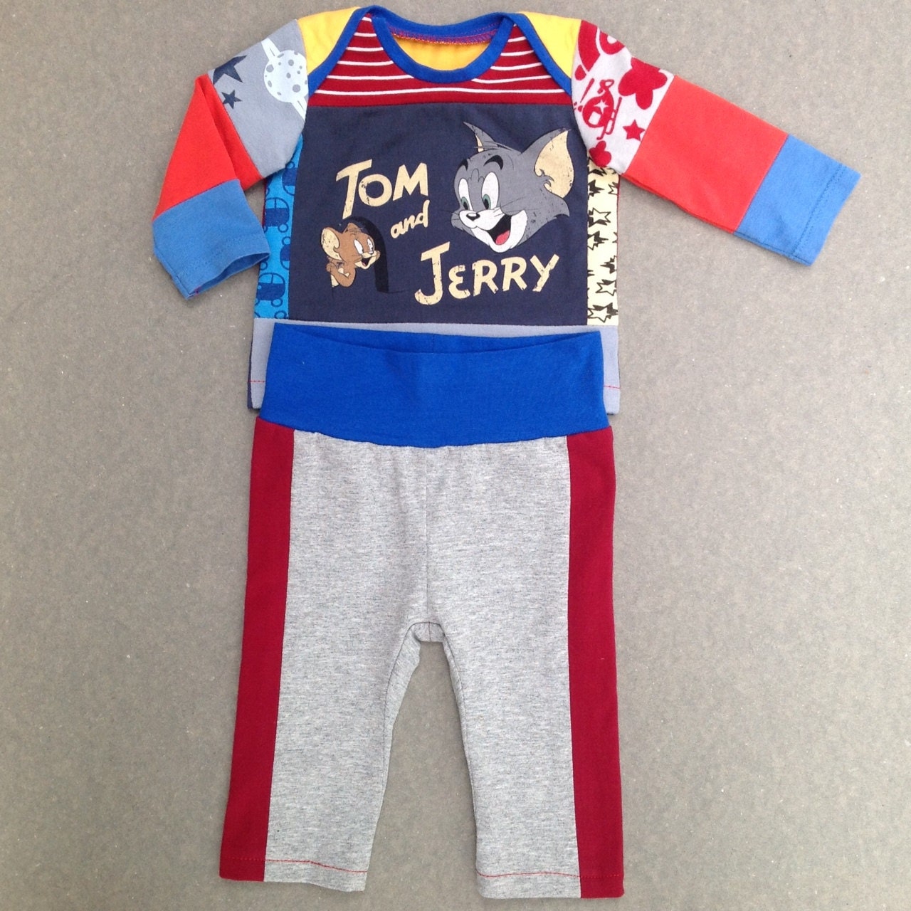 Upcycled baby boys T-shirt and trousers set size 0 up to 2 months