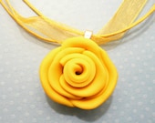 Yellow Rose Pendant with Organza Ribbon Necklace handmade polymer clay jewelry