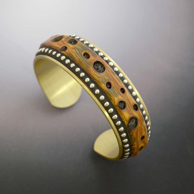 Sterling Silver and Brass Cuff Bracelet Set with faux polymer burl wood and black textured fill