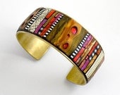 Hot pinks iridescent mosaic and faux wood, ivory Brass Cuff Bracelet