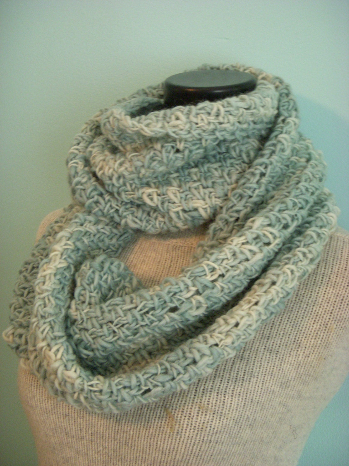 Pale Aqua Infinity Scarf, Openwork Cowl Green Neck Warmer Wool