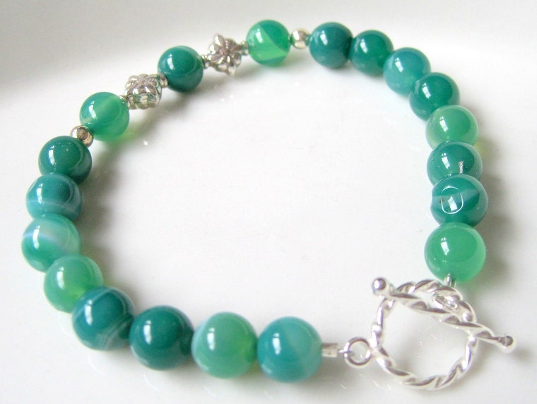 Green Aventurine Beaded Bracelet, Sterling Silver, Semi Precious Stone, Emerald Green