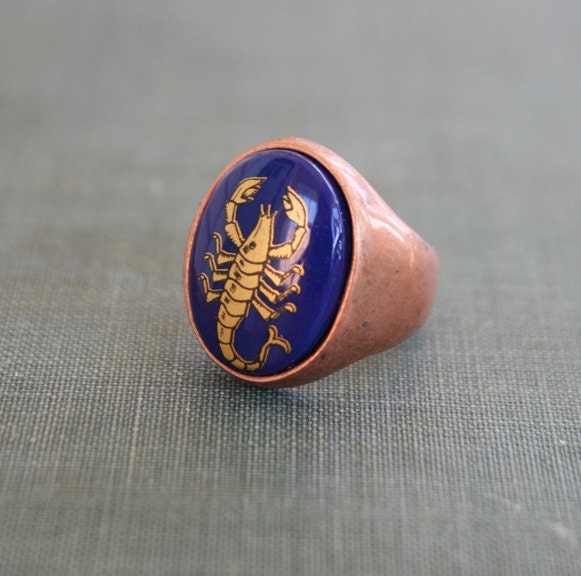 scorpio zodiac ring - vintage cameo black or blue copper ring