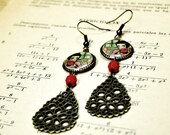 A Long Letter - Round Shaped Brass Earrings With Red Stone Charms - Handmade Jewelry by Danita Art