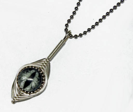 Glass Eye Pendant - Handmade Wire Wrap Black and White Taxidermy Glass Evil Dragon Eyeball