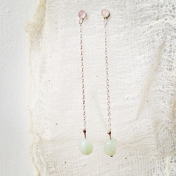 rose quartz and serpentine drop earrings by lovinganvil