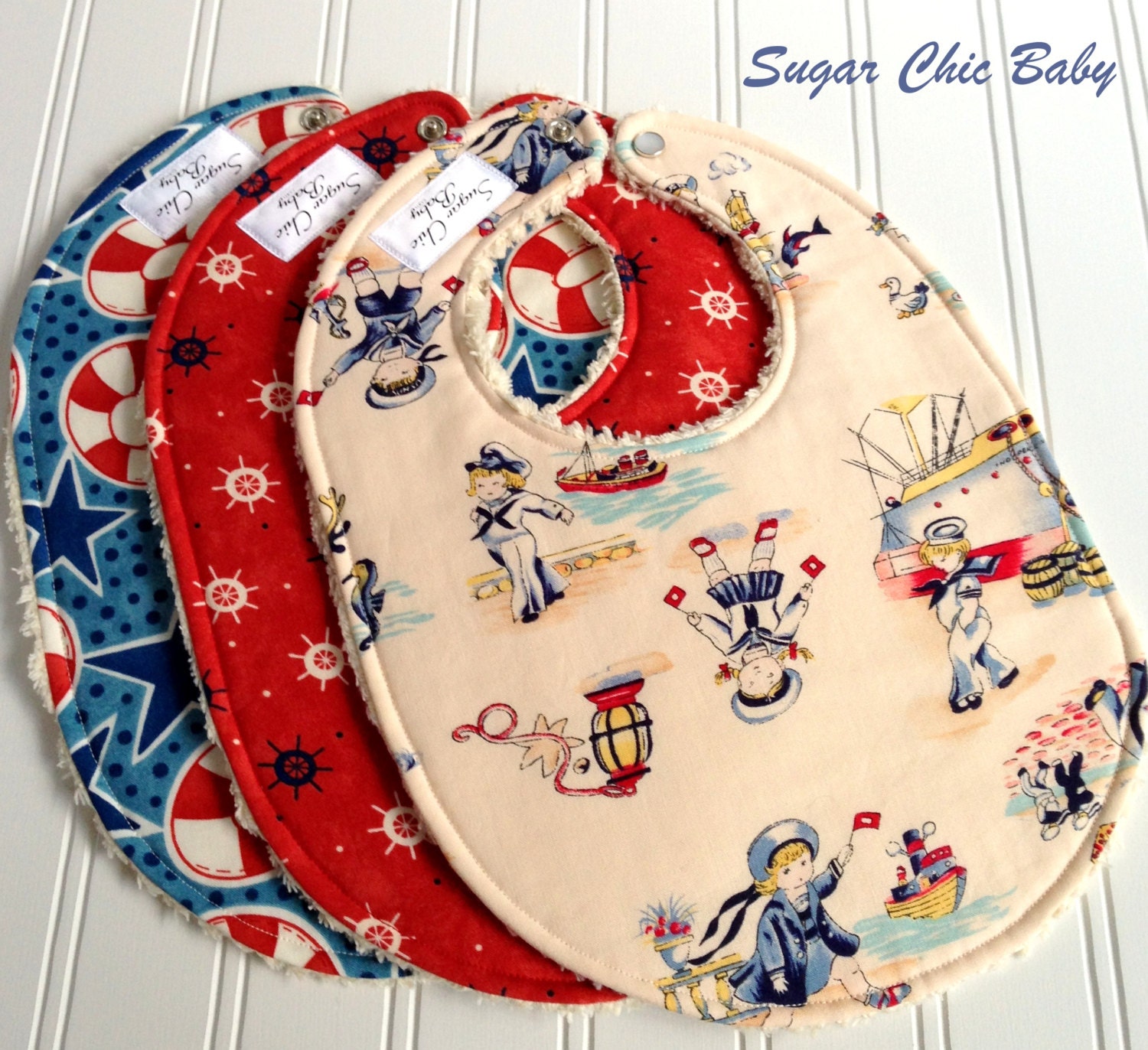 Baby Bibs for Baby Boy  - Set of 3 Triple Layer Chenille Bibs - Retro Lil Sailors, Ships Wheel, Whimsical Life Preservers