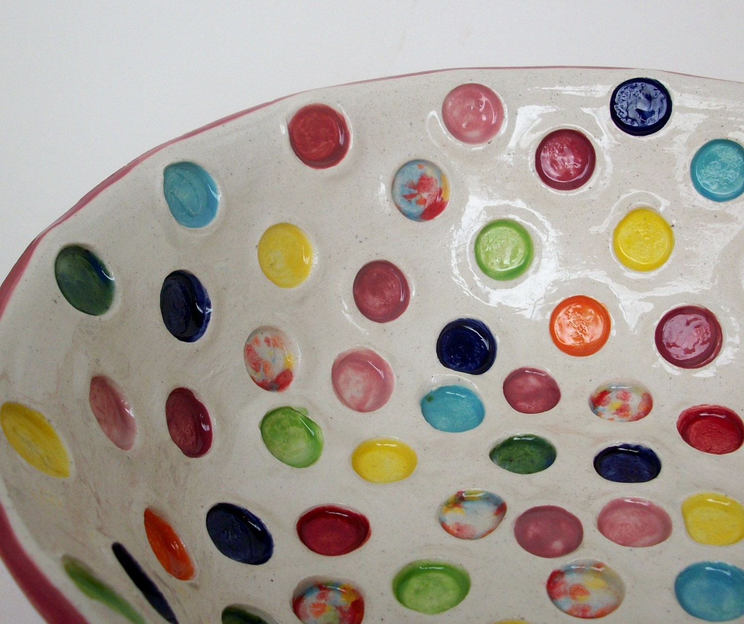 Large Handmade Ceramic Serving Bowl with Rainbow Circles