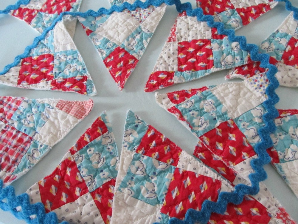Bunting Banner Garland in Aqua, Pink, Red, White Vintage Quilt and Rick Rack Fabric