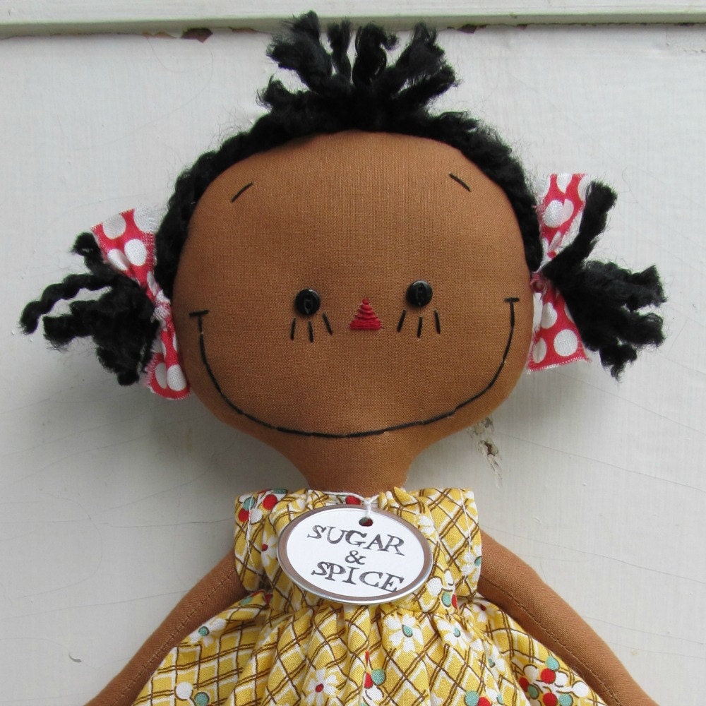 cloth rag doll African American handmade in a yellow dress and ponytails