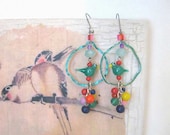 Happy Blue Bird earrings, Glass, Cage, Metal, Hoops, Rainbow, Dangle earrings, Kawaii, Kitsch, Boho