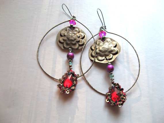 RESERVED  for Maria- SALE - Large Gypsy Hoop Earrings, Vintage, Drops, Metal, Dangle Earrings, Bohemian, Red, Purple, Silver