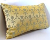 Blue Grey and  Gold Art Nouveau Inspried Leafy Medallion Damask Decorative Rectangle Pillow