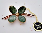 Jade Vintage Flower Pin Brooch - Signed Bal Ron Gold Filled Jewelry with Original Box