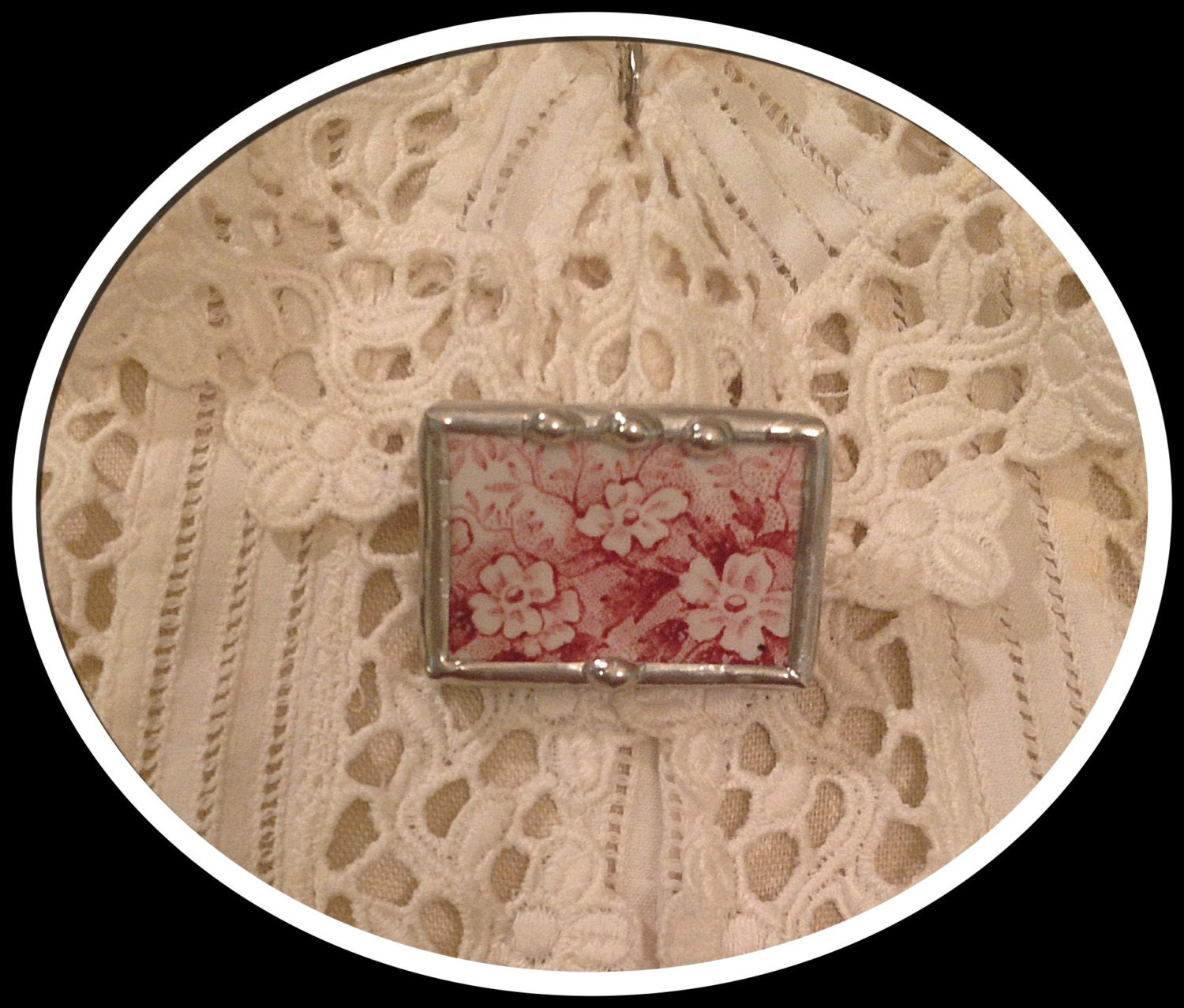 Broken china jewelry pin brooch vintage red transfer ware china handmade one of a kind