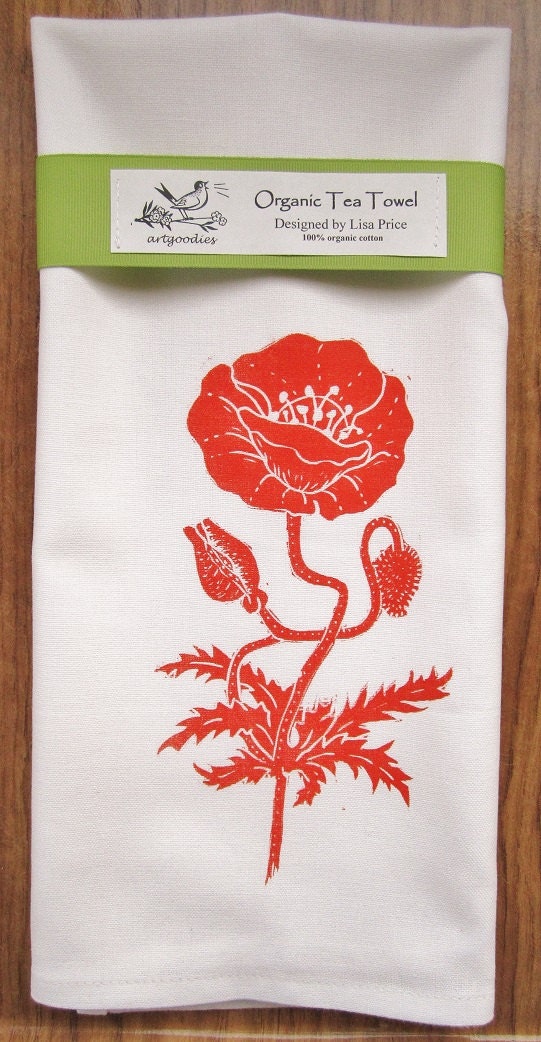NEW organic poppy block print tea towel