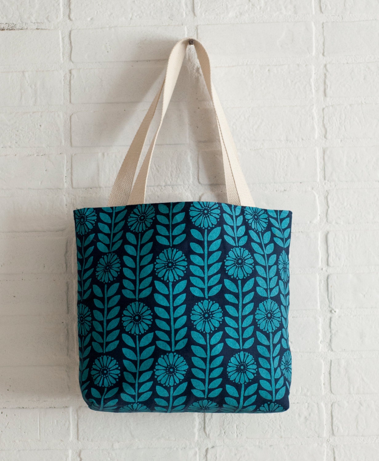 Big Flowers hand-printed blue organic cotton canvas tote bag