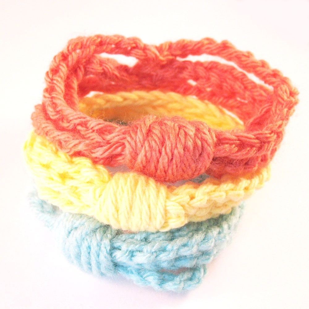 Crochet Chain Cuff Bracelets - Set of 3 - Salmon, Yellow, Soft Baby Blue - pulpsushi