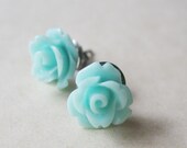 Seafoam Green Flower Earrings - Rose Stud Earrings - Pastel Green - Mint Green