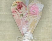 Fabric art  heart in pink roses and lace french country