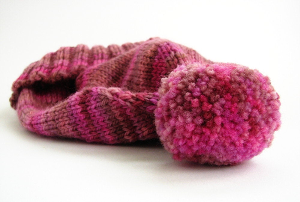 Slouchy beanie hat, bobble hat, pom pom hat, handknitted, pink brown