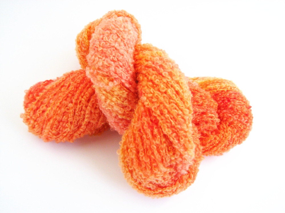 Fizzy Orange aran alpaca blend boucle yarn, hand-dyed, 50grams, light worsted knitting crochet wool, Perran Yarns, pumpkin salmon peach