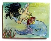 Wonder Woman Mermaid - original mixed media print on wood