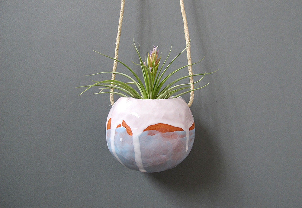 air plant or succulent hanging light blue and white terracotta ceramic pinch pot planter