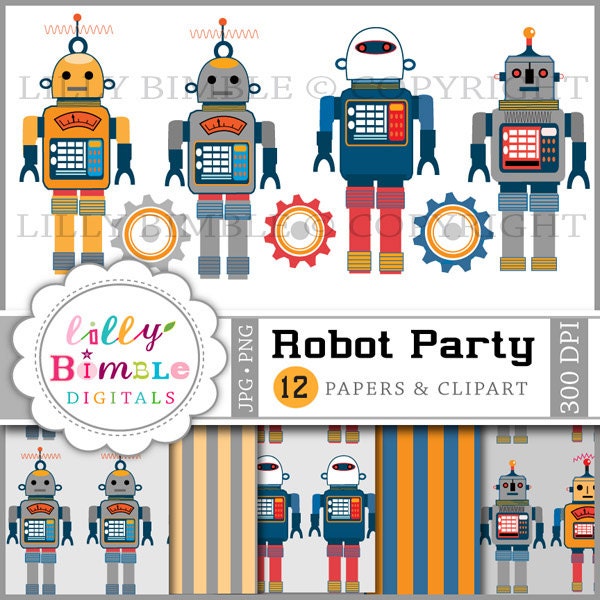 ROBOT PARTY digital clipart and papers for birthday parties Instant Download Il_570xn