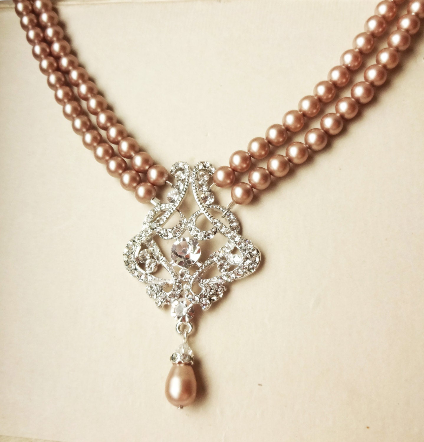 Vintage Style CHAMPAGNE Wedding Necklace, Art Deco Style CHAMPAGNE Pearl Bridal Necklace, Crystal Filigree Wedding Necklace, ALESSANDRA